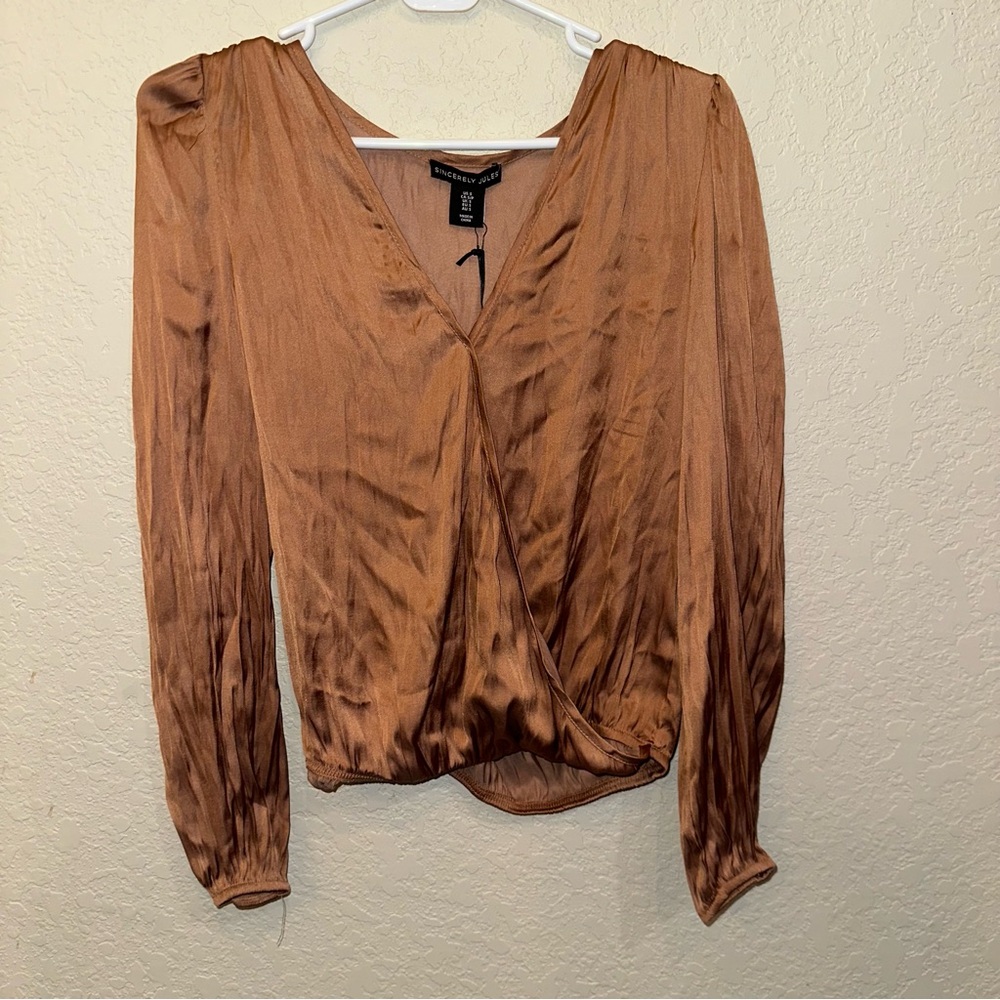 NEW Sincerely Jules Small Brown Satin Wrap Surplice Fall Business Blouse Top